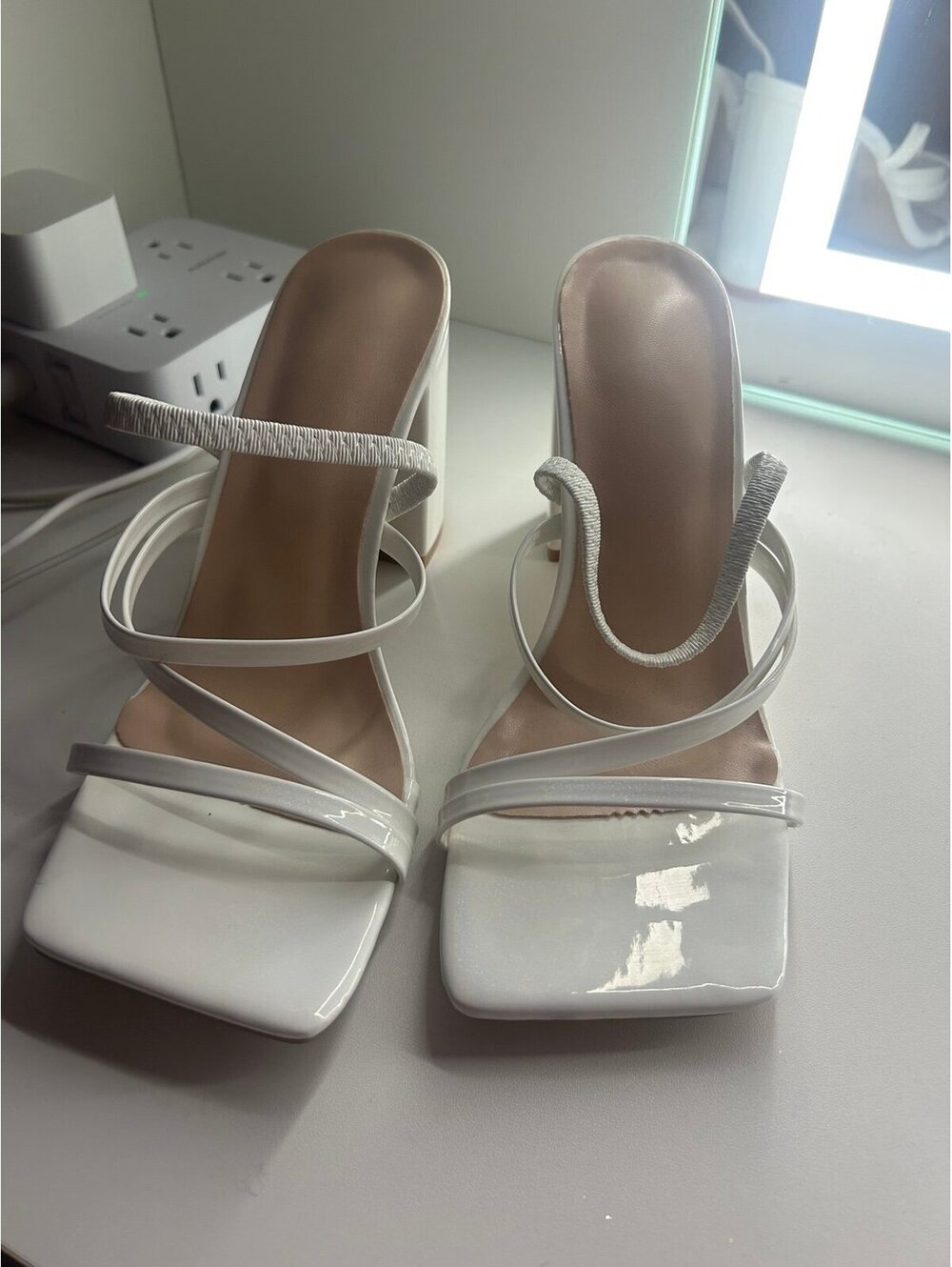 White Square Toe Sparkly Strap Block Heels- Size 8